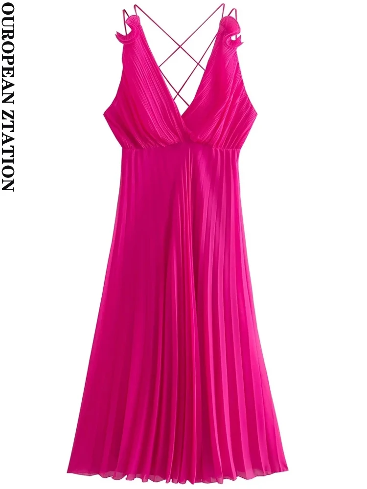 

PAILETE Women 2022 fashion with pleated midi dress vintage backless elastic ruffled double thin straps female dresses mujer