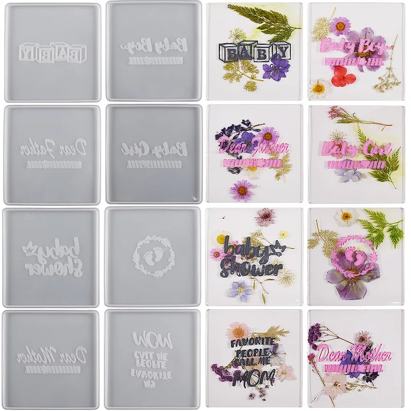 

DIY adhesive drop mold parent-child fetal hair hanging tag baby feet parents English letters square table coaster silicone mold