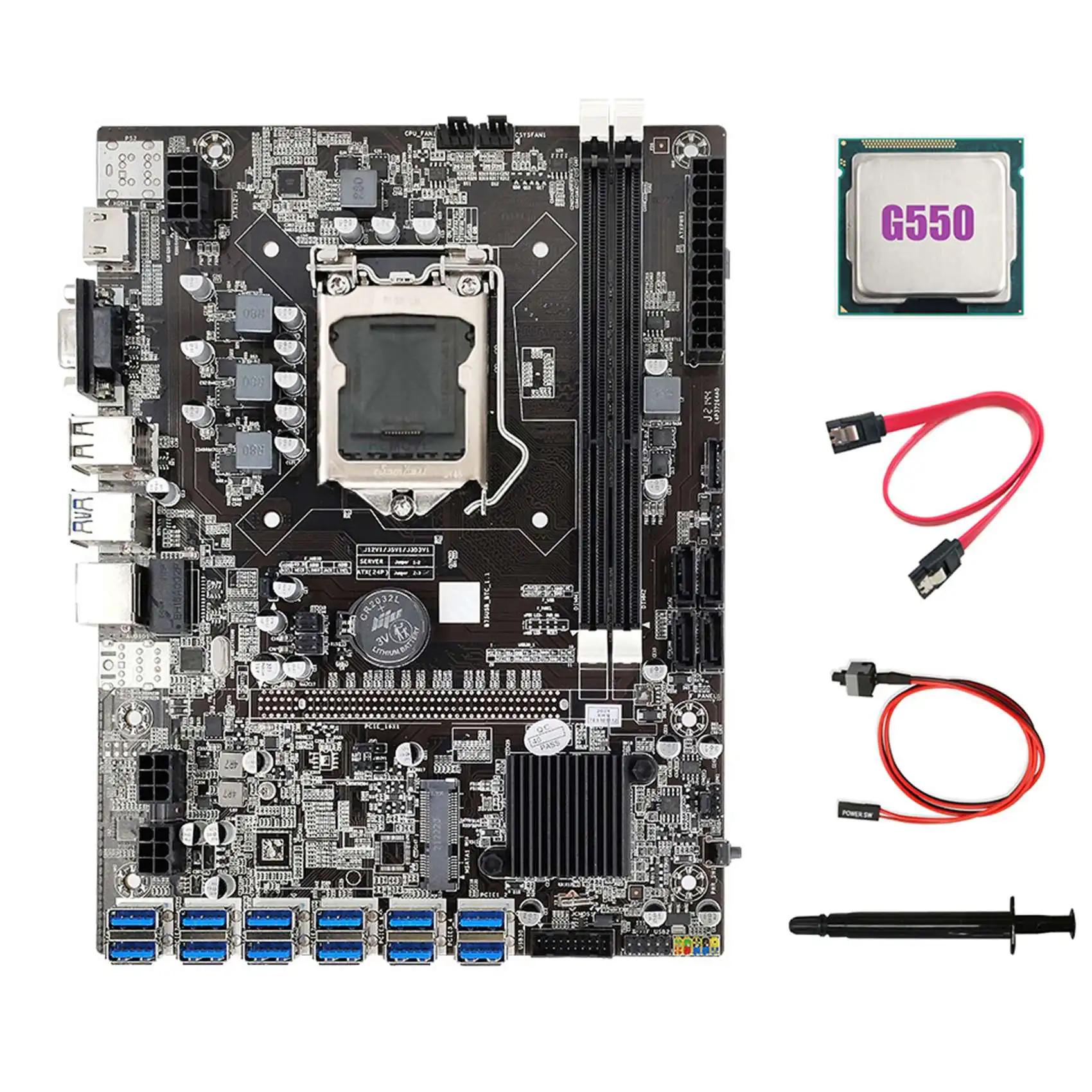 B75 ETH Miner Motherboard 12 PCIE to USB3.0+G550 CPU+Thermal Grease+SATA Cable+Switch Cable DDR3 LGA1155 Motherboard