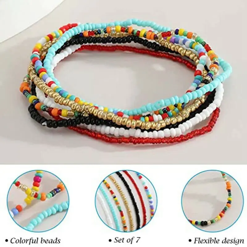 

7PCS Foot Beach Gift Multi Layer Beaded Boho Ankle Bracelet Women Chain Anklet