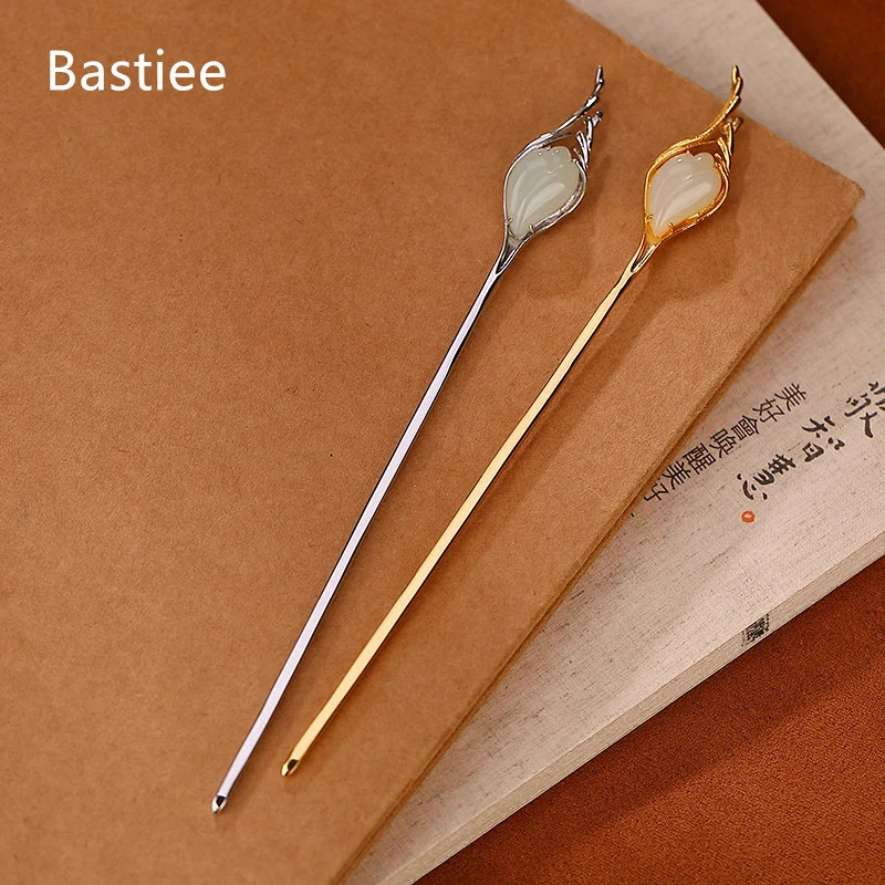 

Bastiee S925 Pure Silver Curled Hairpin Gold Plated Natural Hotan Jade Hair Clip Retro Style Hanfu Hair Accessories