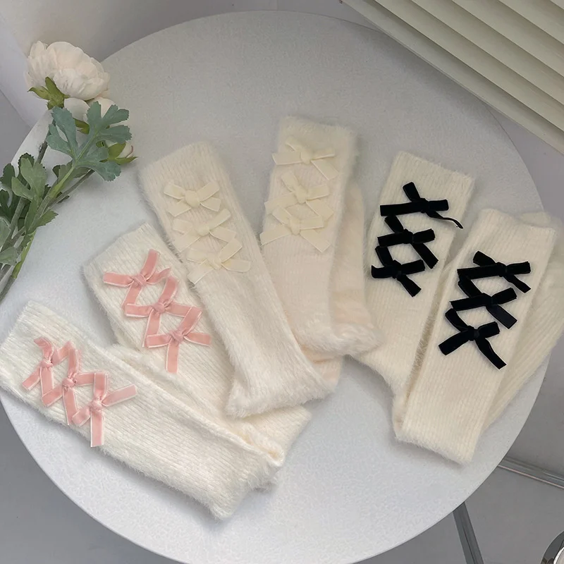 

Harajuku Kawaii Lolita Princess Bow Middle Tube Socks Woman Girls Lovely Furry Warm Socks Sweet Pile Socks Accessories