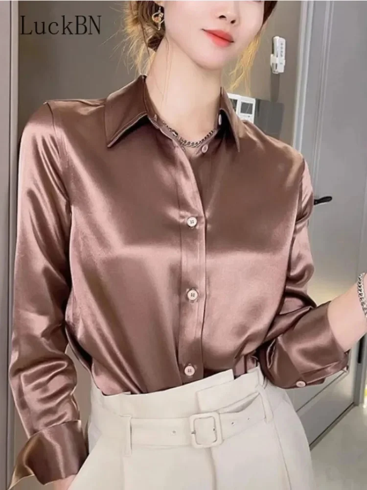 

Brand Quality Luxury Women Shirt Elegant Office Button Up Long Sleeve Shirts Momi Silk Crepe Satin Blouses Business Ladies Top