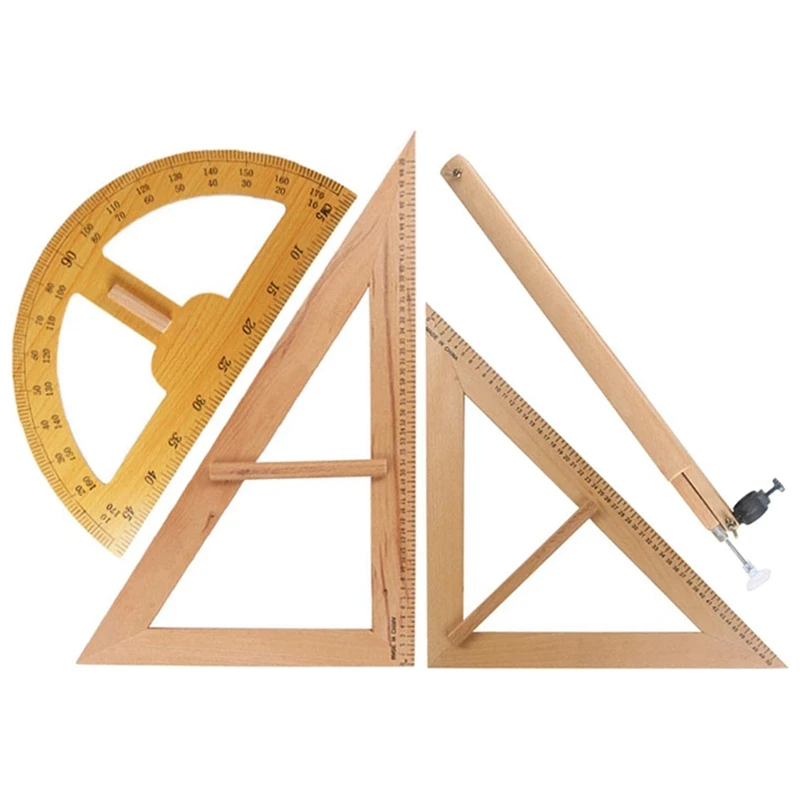 Wood Maths Geometry Set,Compass, Triangle Ruler Stationery For Teachers Draftsman Chalkboard Engineers Drafting