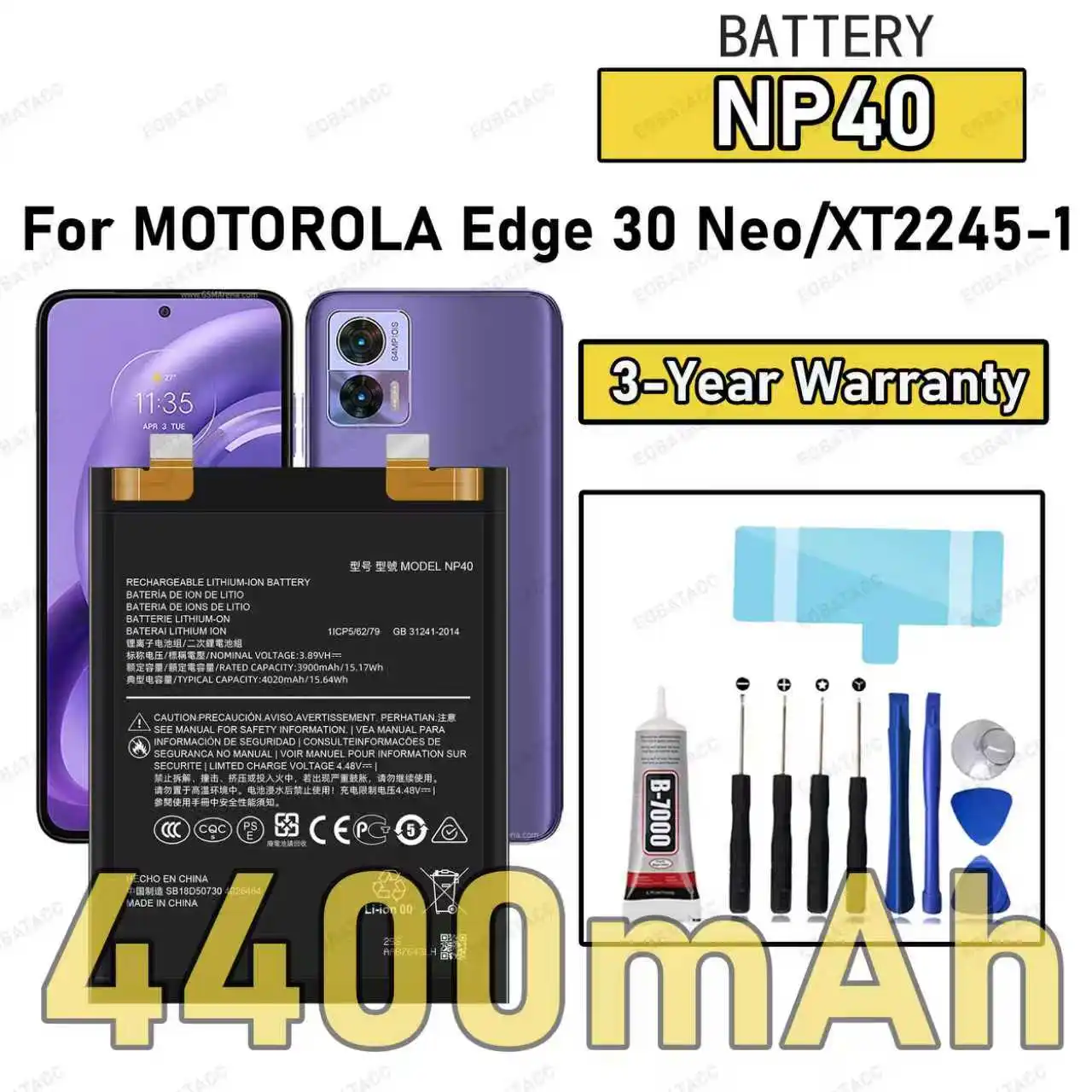 Фото 100% новый высококачественный аккумулятор NP40 для MOTOROLA MOTO EDGE 30 Neo/edge 30 neo/XT2245-1, сменный аккумулятор + бесплатные инструменты №1