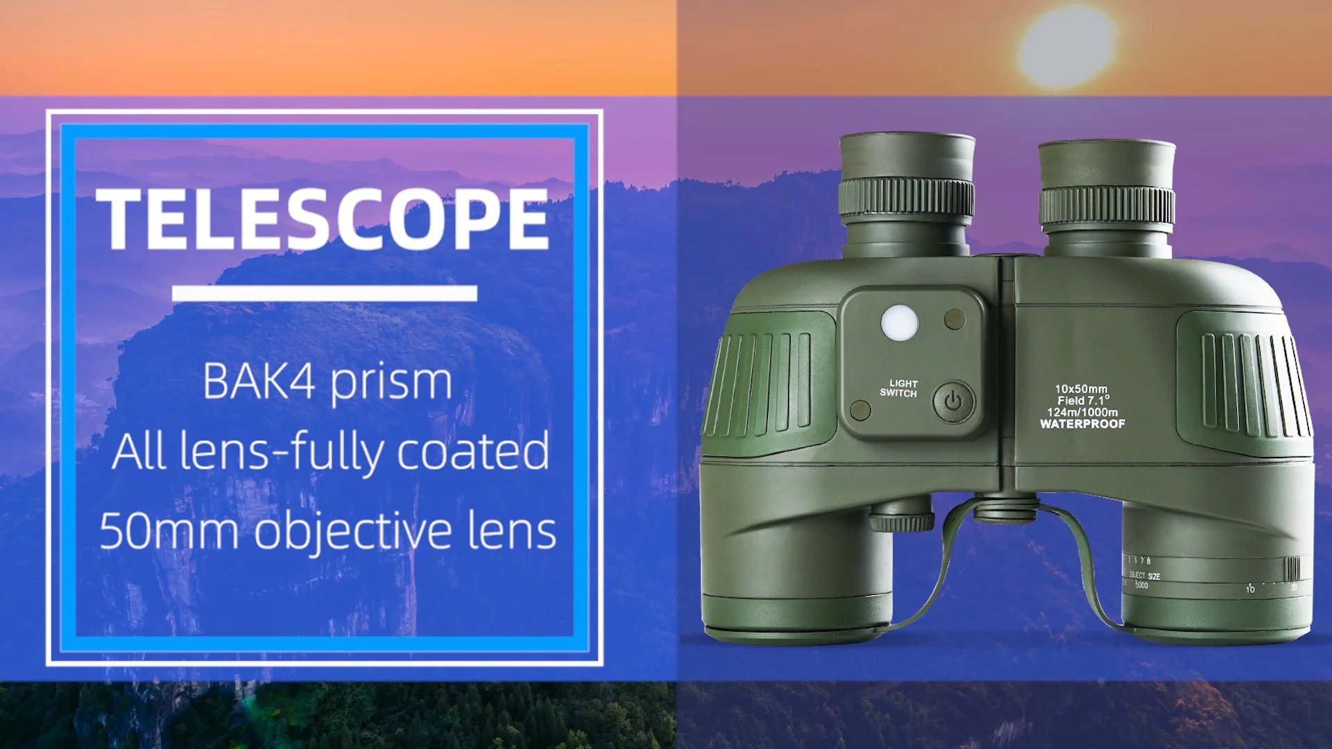 

Military waterproof 10X50 Green binoculars with compass binocular telescope BAK4 prism travel telescope