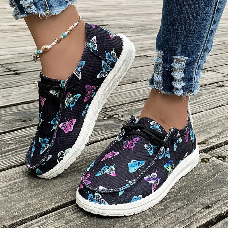 

Fashion Bow Print Flats Shoes for Women 2023 Autumn Soft Sole Lace Up Loafers Woman Lightweight Non Slip Casual Sneakers Female