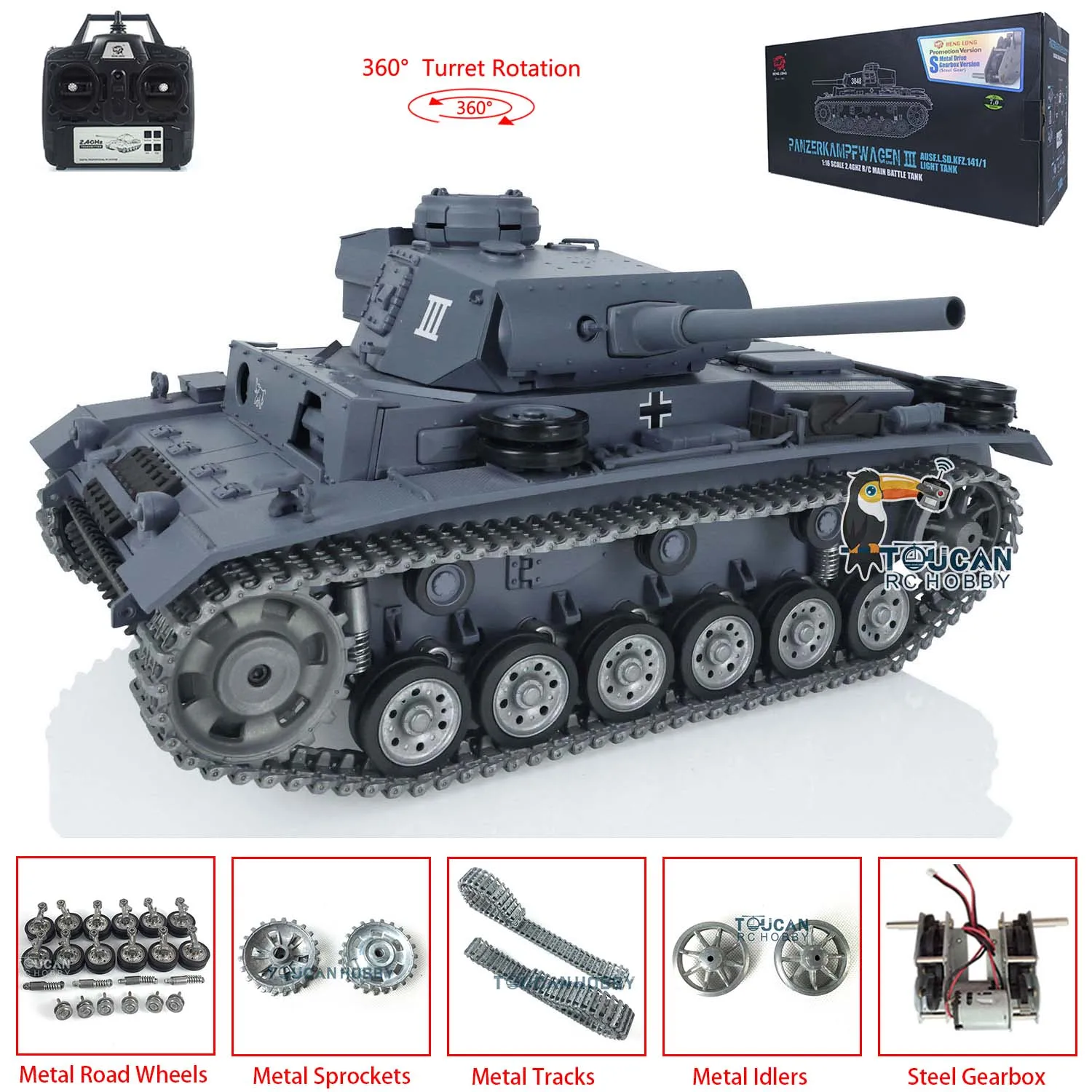 

Henglong 1/16 Pro Ver 7.0 FPV Panzer III L RTR RC Tank 3848 Metal Track Wheel BB Shooting Battle Against TH17346-SMT7