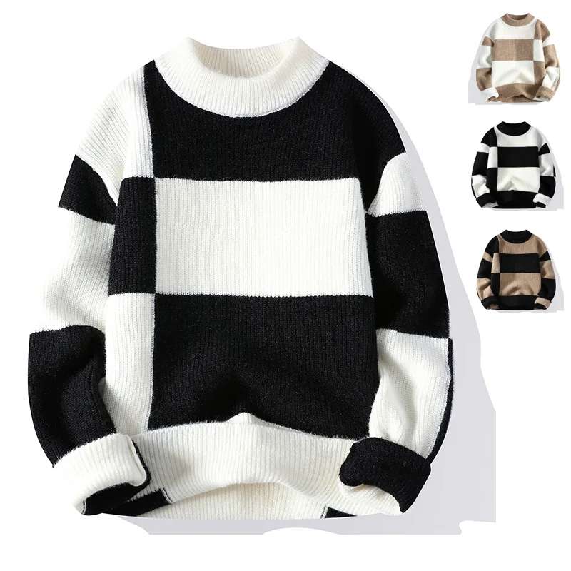 

2024 Men's Autumn and Winter New Personality Geometry Plaid Colorblock Mock Neck Sweater