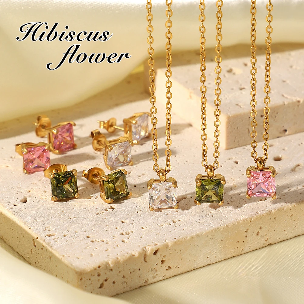 

Hibiscus Flower Square Zircon Earring Simple Exquisite Party Ear Jewelry Three Colors Stainless Steel Earrings for Women 2023
