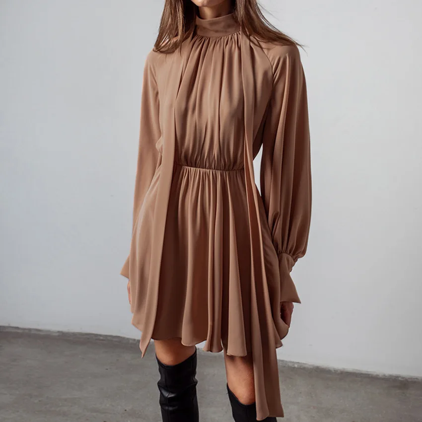 

Woman Dress Spring/Autumn French Retro Dress New Bandage half turtleneck Pleated A-line Long Sleeve Solid Color Dresses