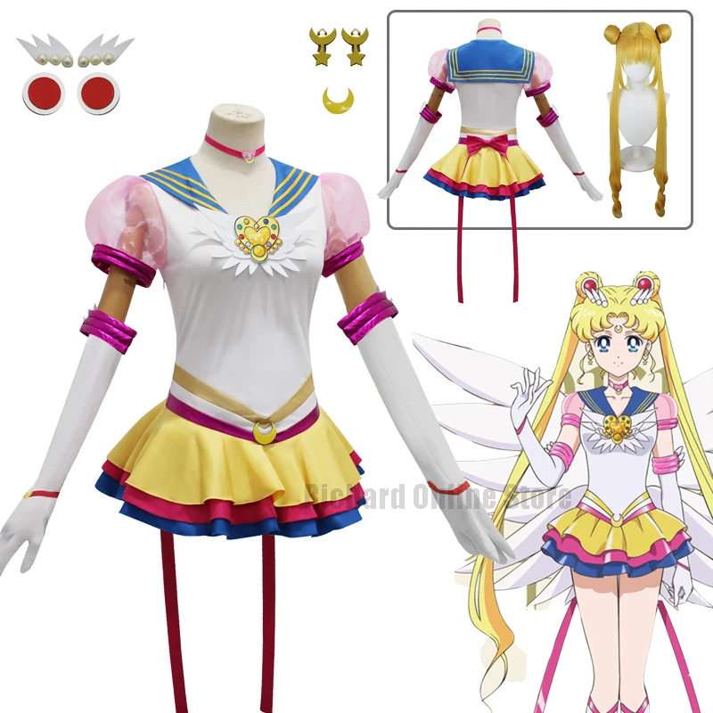 

Anime Sailor Moon Cosplay Costume Wig Tsukino Usagi Uniform Dress Yellow Wig Halloween Carnivl Party Outfits Fighting Suit Dress