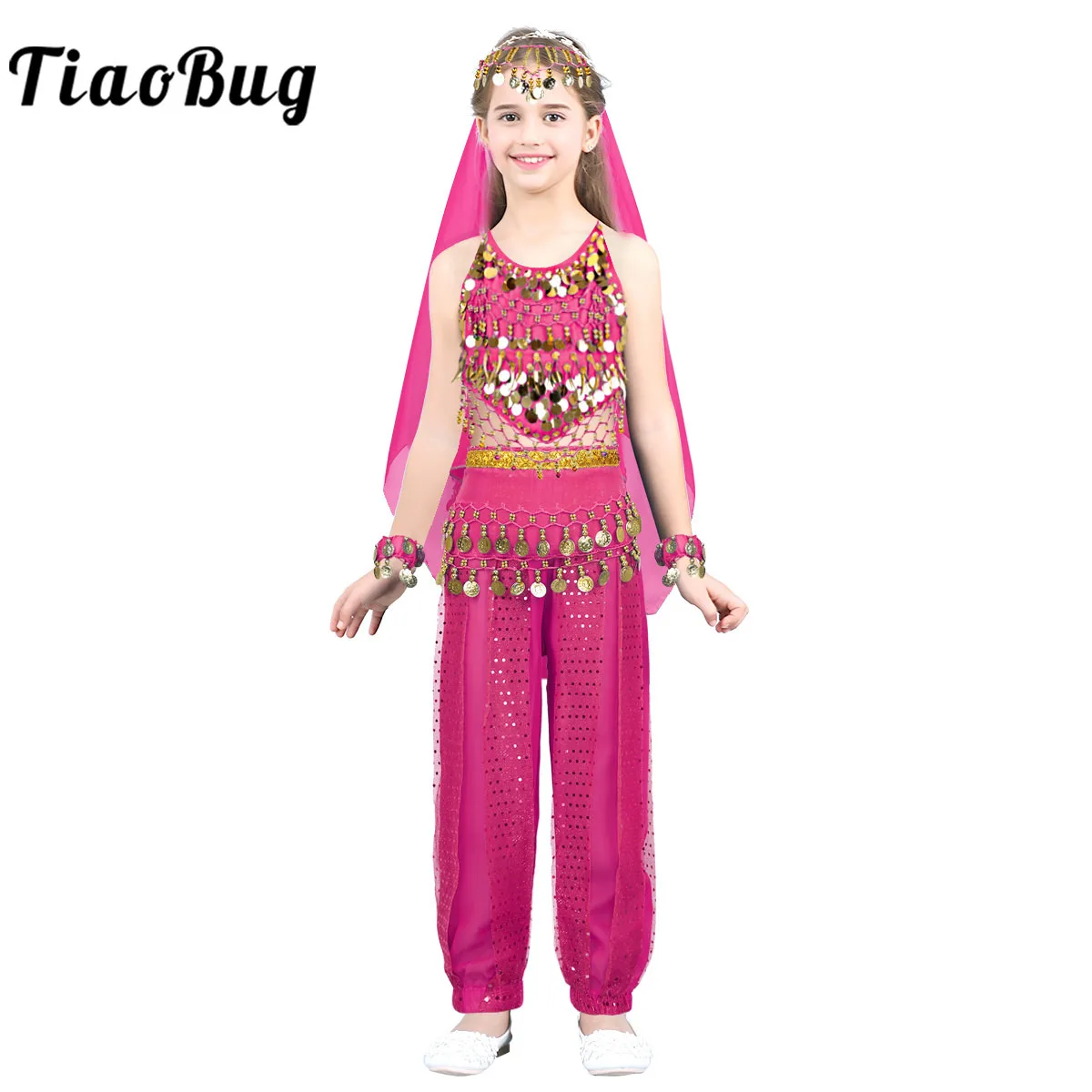 

Kids Girls India Belly Dance Costume Set Shiny Coin Tassel Bollywood Party Fancy Dress Outfits Belly Dancing Performance Clothes