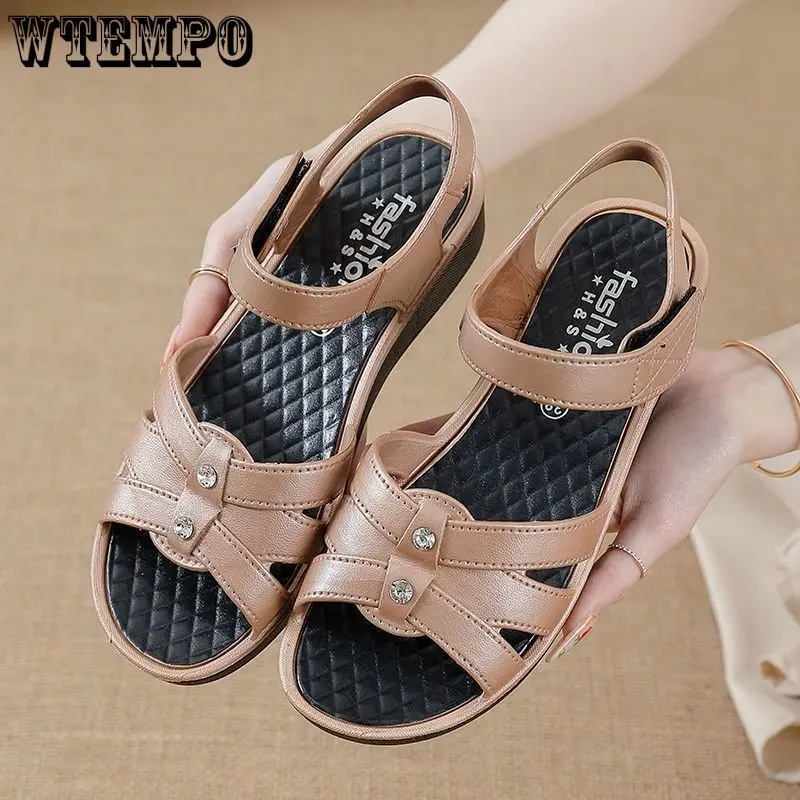WTEMPO Summer Mother Leather Sandals Large Size Soft Soled Style Woman Sandals Casual Comfortable Grandmother Flat Sandals