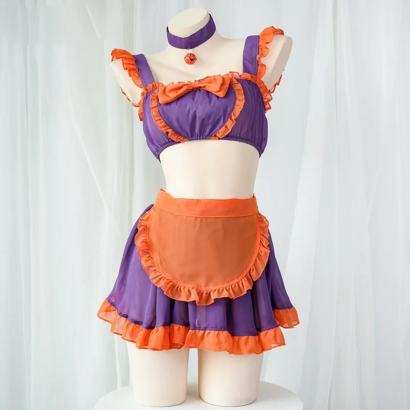 

Sexy Maid Suit Japanese Lolita Pumpkin Bell Bowknot Underwear Set Cosplay Women Sexy Chiffon Nightdress Party Halloween Pajamas