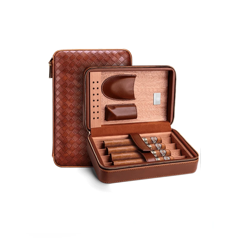 

Cedar Wood Brown Cigar Humidor Travel Portable Leather Cigar Case Cigars NO Lighter Cutter Humidifier Humidor Box CH-014