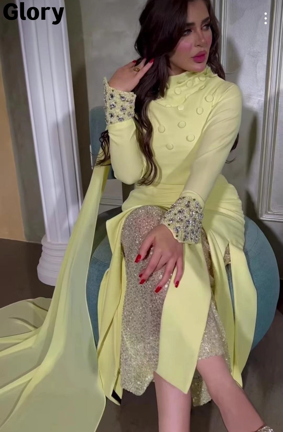 

Arabia Prom Dresses 2023 New Hemline Design Cuff Stitching Beads Long Sleeves Evening Dresses Vestido Fiesta فساتين مناسبة رسمية