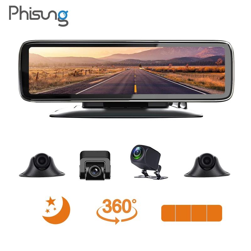 

4 cams record night vision car video recorder 360 degree 12" touch screen smart mirror DVRs 4 split display parking monitor car