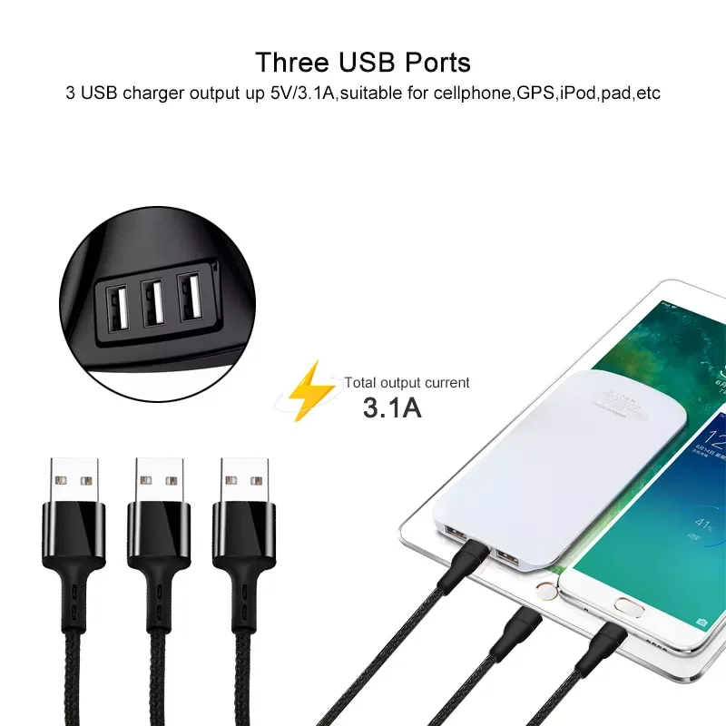 

Accesorios moto USB Port 3 Way 3.1A Blue Led Car Cigarette Lighter Socket Splitter Hub Power Adapter 12V-24V For iPad Smartphone