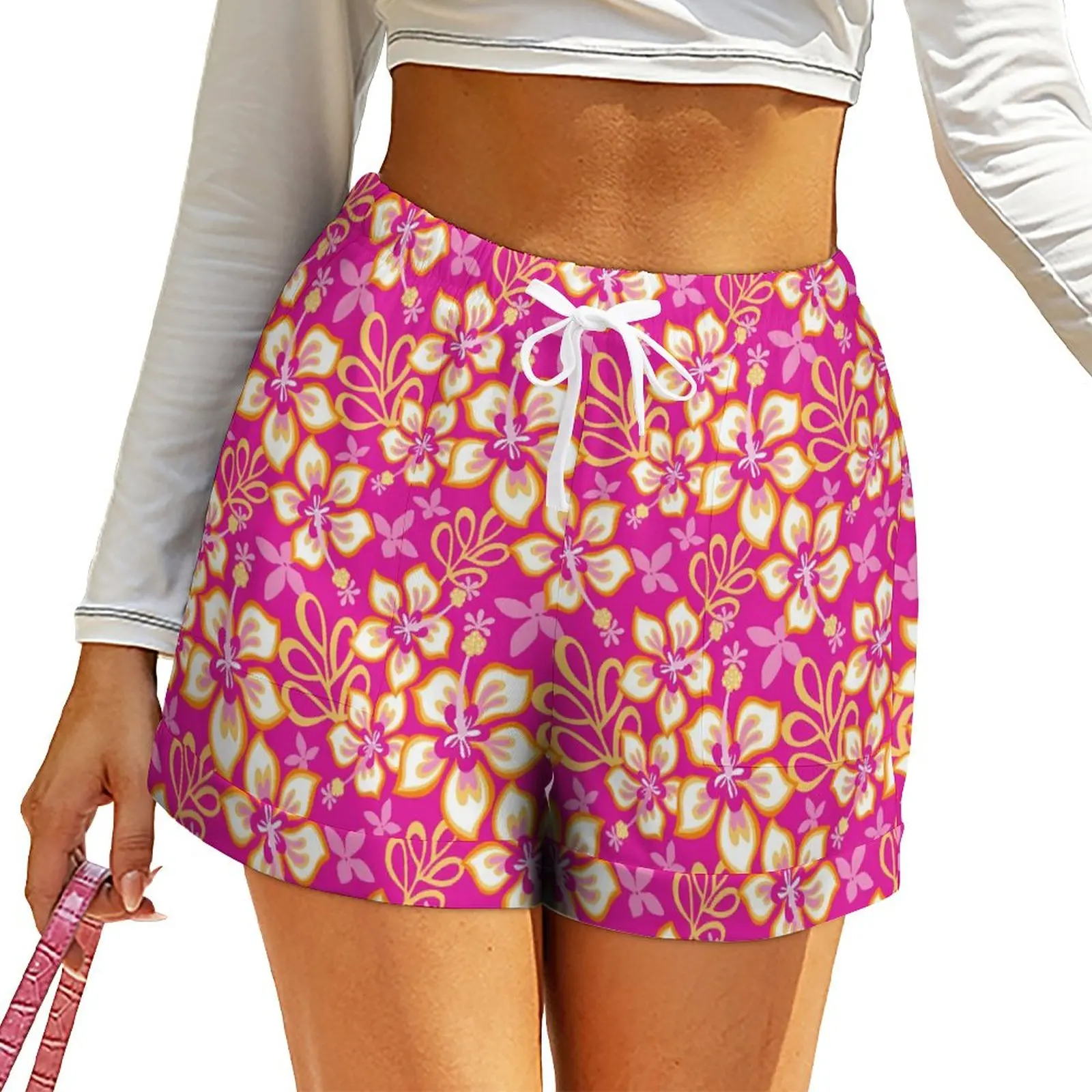 

Tropical Floral Shorts High Waist Pink Flowers Shorts With Pockets Spring Night Club Oversize Short Pants Street Style Bottoms