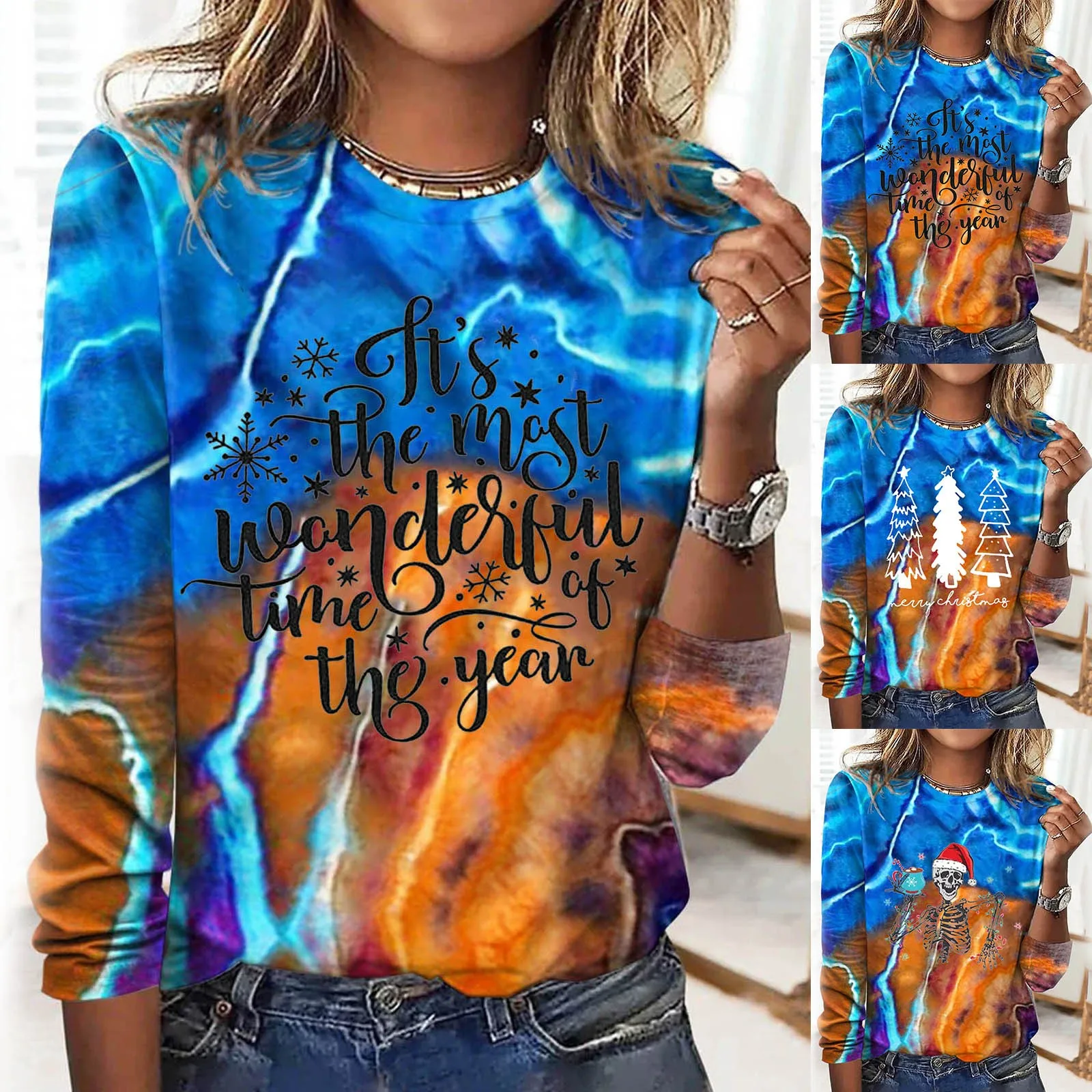 

Christmas Womens Hooded Sweatshirt Christmas Print Crew Neck Long Sleeve Loose Pullover Top Egirl Kawaii streetwear