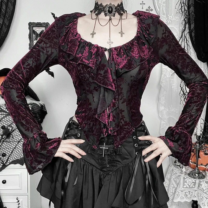 Женская облегающая футболка с оборками готический винтажный топ V-образным