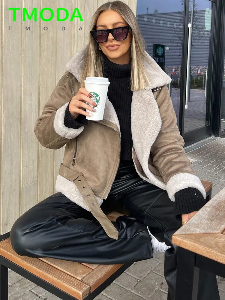 T MODA 2022 зимние женские Куртки из искусственной овчины искусственная кожа толстые