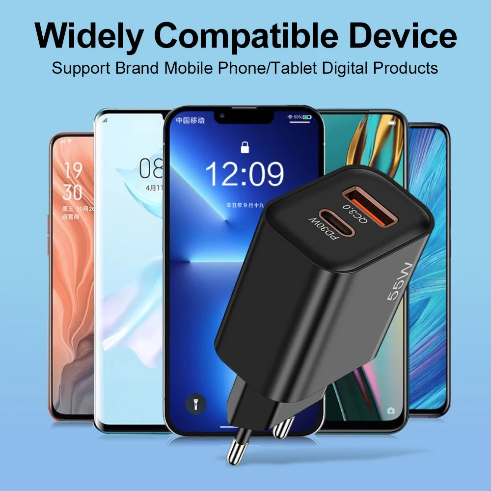 Фото 55 Вт PD Fast USB Charge Charger 2 порта EU US Plug Настенное зарядное устройство Адаптер для iPhone Xiaomi Huawei Samsung USB C Зарядное устройство для телефона №2