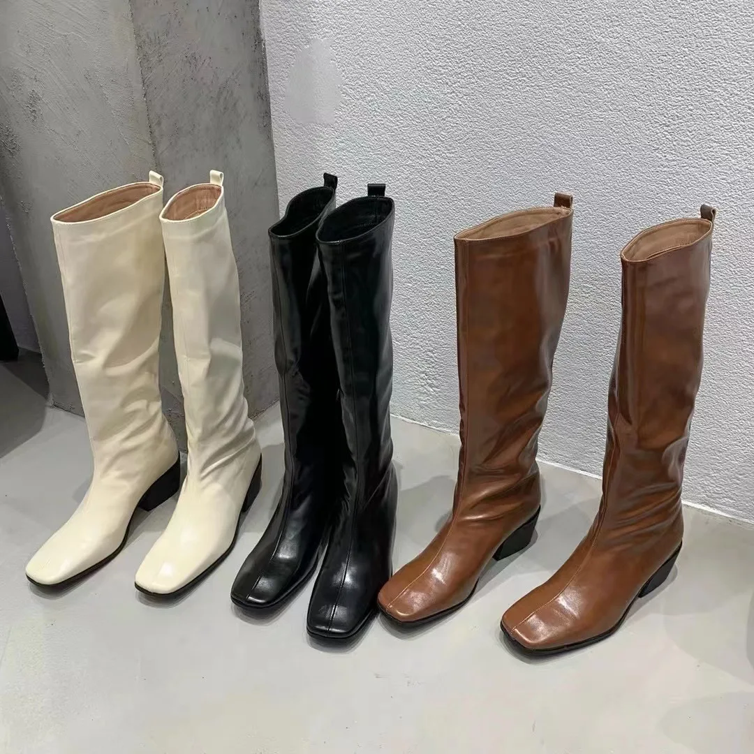 

White Knee-high Women's Thigh-high Knight Boot 2022 Vintage Square Toe Chunky Sleeve Stretch Skinny Boot