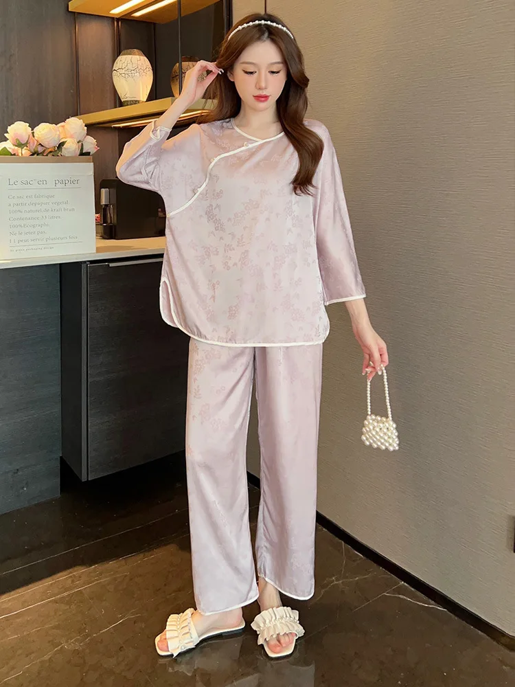 2 шт. жаккардовый Атласный пижамный комплект с круглым вырезом летняя одежда для