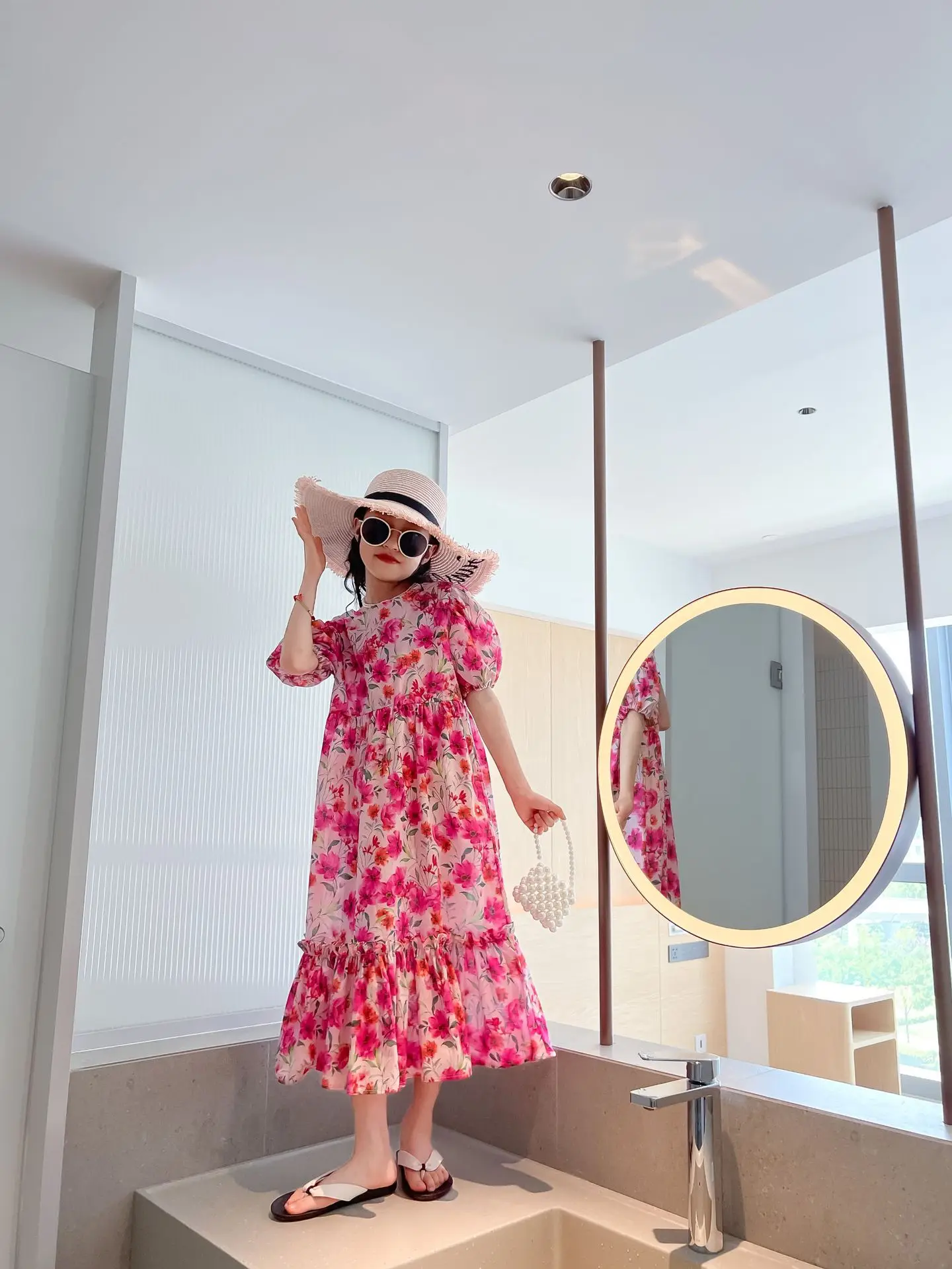 

JICUSYAN Summer Dress Children Vintage Pink Flower Print Casual Puff Sleeve Fashion Runway