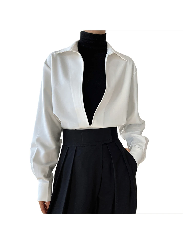 

Women Deep V Shirts Blue Loose Oversized Blouses Female Tops High Quality French Retro 2023 Spring Autumn Fashion Office Lady