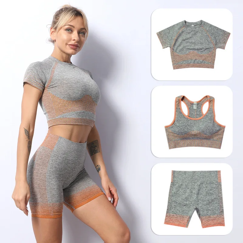 

3PCS Seamless Knitted Women's Yoga Fitness Suit Striped Overall Cup Bra Shorts Three-Piece Workout Clothes Gym Leggings
