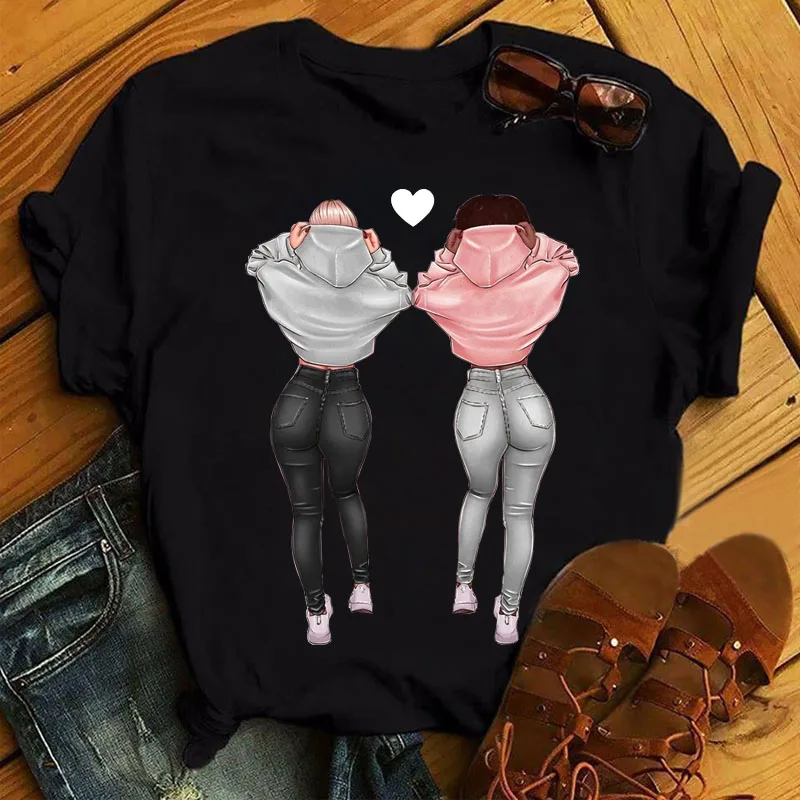 

New Women Black T Shirt Fashion Tops Best Friends Print Tee Shirts Female Short Sleeve T-shirt Cute Graphic Tee Tops Friend Gift