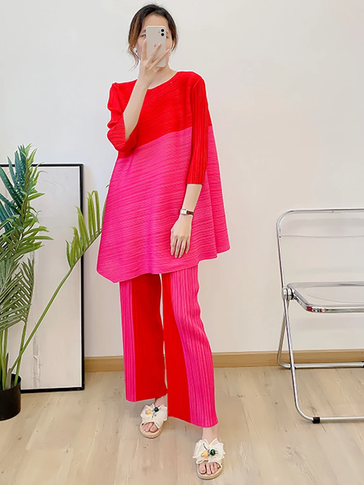 Delocah High Quality Summer Women Fashion Designer Pants Set Half Sleeve Colorblock Loose Tops + Elastic Waist Pleated Pant Suit enlarge