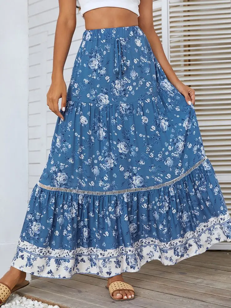 

Bohemian Long Skirt Women Summer Floral Print A-Line Maxi Skirt Female Patchwork Bandage Holiday Loose Beach Skirts