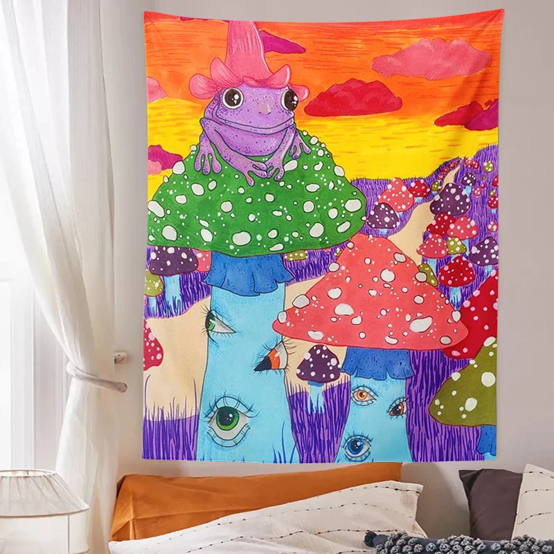 

Mushroom Frog Tapestry Wall Hanging Psychedelic Cartoon Colorful Eye Carpet Tapestries Mushroom Print Wall Decor Home Gift Decor