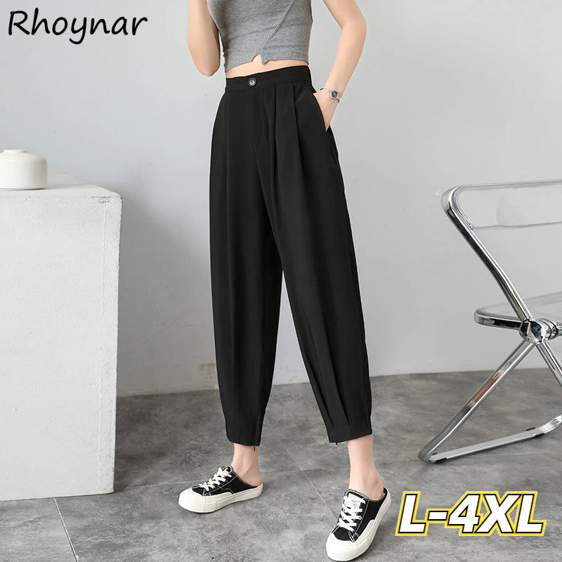 

Брюки женские повседневные в Корейском стиле, Модные свободные султанки с завышенной талией, Молодежные драпированные Однотонные эластичн...