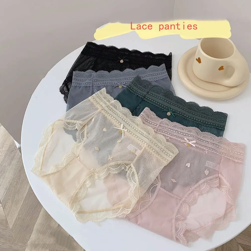 

Sexy Bow Ruffled Panties Breathable Women's Love Embroidery Mesh Hollow Antibacterial Crotch Mid-high Waist Girls Briefs