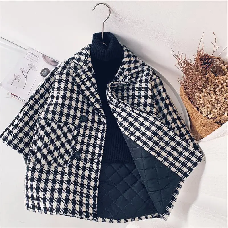 

Baby Boy Girl Woolen Plaid Jacket Long Double Breasted Warm Child Lapel Tweed Coat Cotton Padded Baby Outwear Clothes 1-10Y