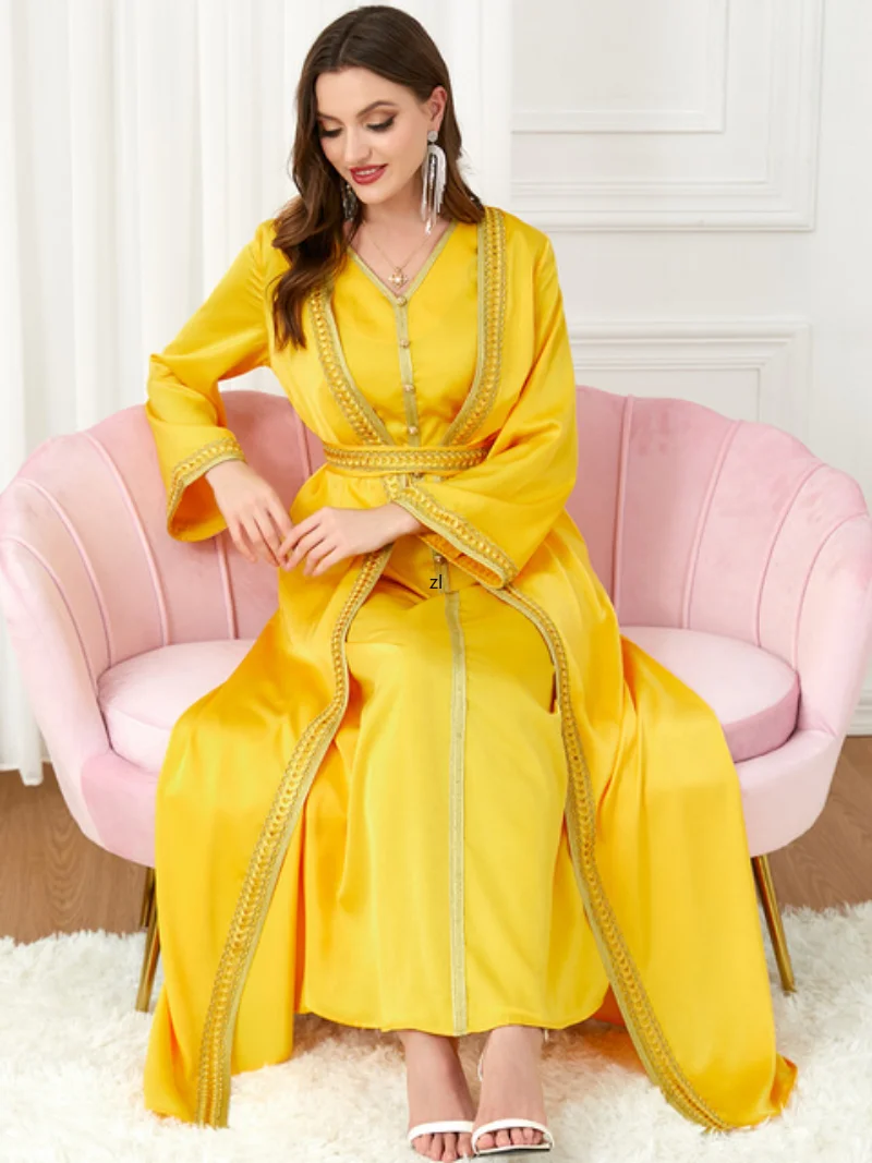 Ramadan Black Abaya Modest 2 Piece Set Islamic Dresses V-Neck Lace Tape Belted Kaftan Cardigan Muslim Fashion Ladies Dresses