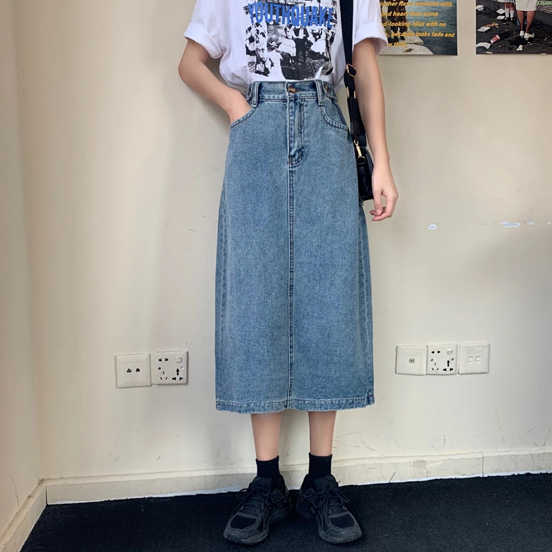

2022 Fashion Retro Long Summer Spring Denim Skirts Girls High Waist Button Pockets Split Jeans Straight Maxi Denim Skirts