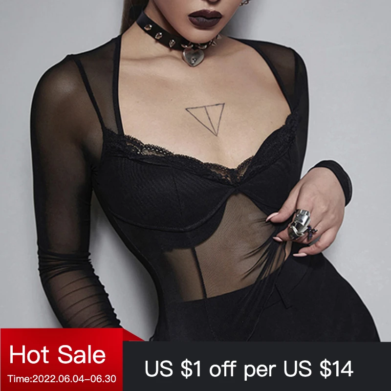 

Dark Goth Mesh Transprent Gothic Women Sexy T Shirts Grunge Black Long Sleeve Bodycon Crop Tops Punk Lettuce Hem Summer Tee