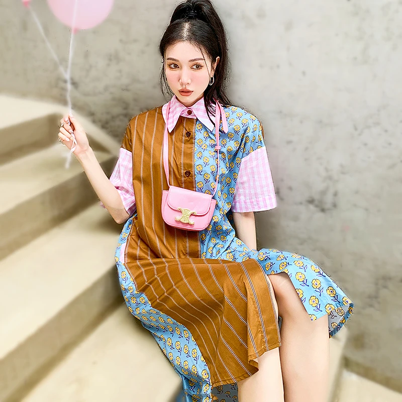 

Plus Size Ladies Shirt Dress Summer 2022 Casual Loose Dresses For Women Short Sleeve Patchwork Long Dress Women's Dress SL121