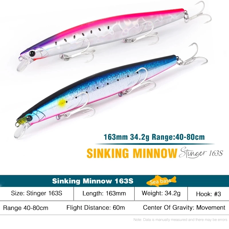 

TSURINOYA 163S Ultra Long Casting Sinking Saltwater Minnow STINGER 163mm 34.2g Sea Fishing Lure Artificial Large Hard Baits