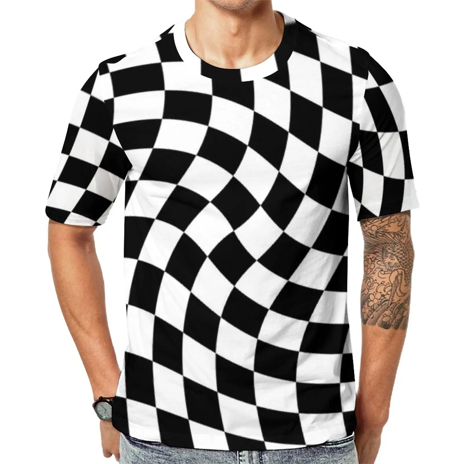 

Abstract Checkerboard T-Shirt Black and White Checker Vintage T-Shirts Couple Funny Tee Shirt Short Sleeve Design Tops 5XL 6XL