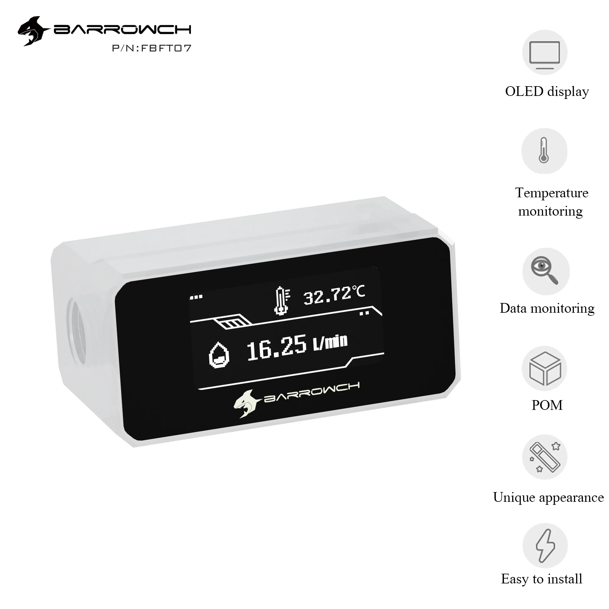 Barrowch Pom Oled Display Digital Medidor de Temperatura da Água Medidor de Fluxo Sistema Monitor Alarme de Alta Temperatura Refrigerador de Água Fbft07