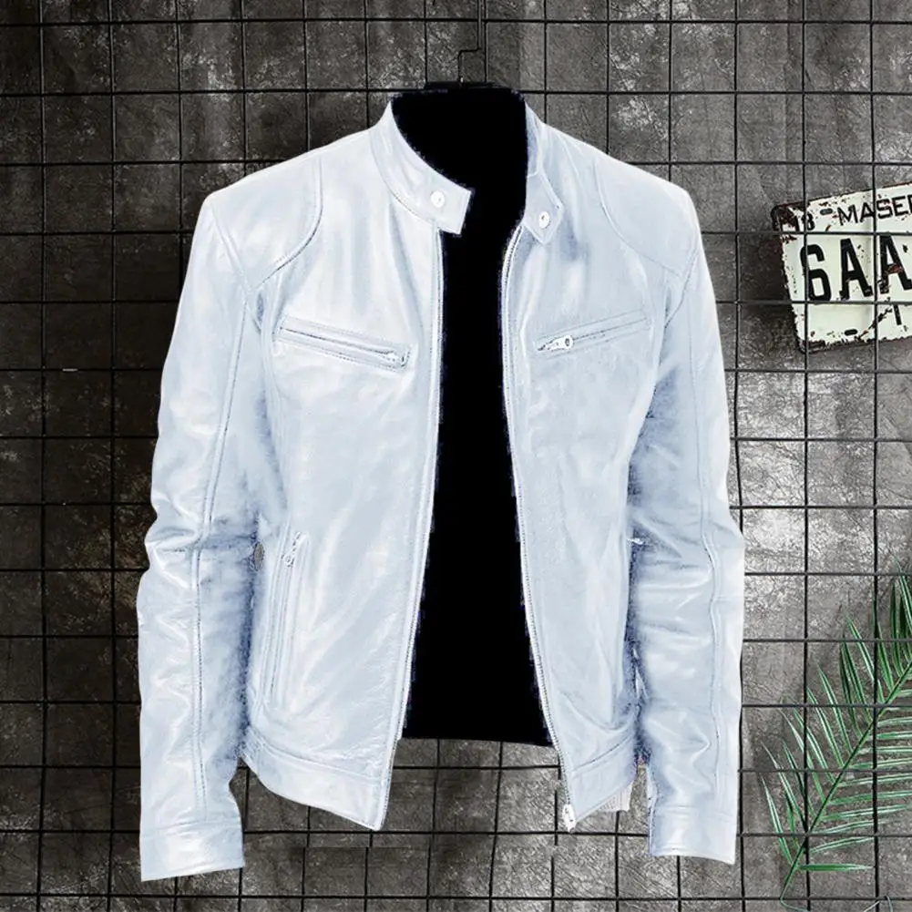 

Men Outerwear Faux Leather Men Jacket Temperament Windproof Stylish Pure Color Zipper Jacket