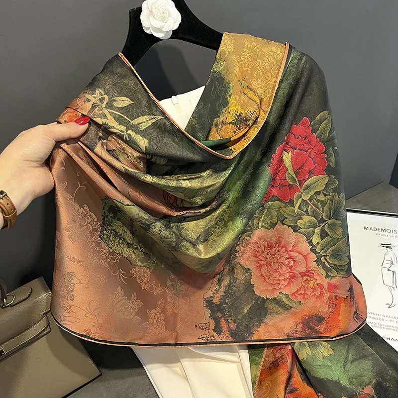 

Luxury Satin Silk Scarf for Women New Print Shawls and Wraps Neckerchief Large Hijab Beach Stoles Headscarves Echarpe Bandana