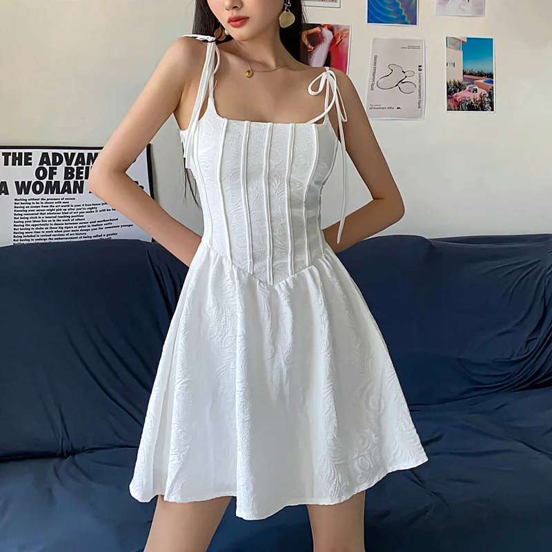 2023 Summer Cute Lady Spaghetti Strap Mini Dress Square Collar Sleeveless White Party Outfits Elegant Robes A Line Dresses Women